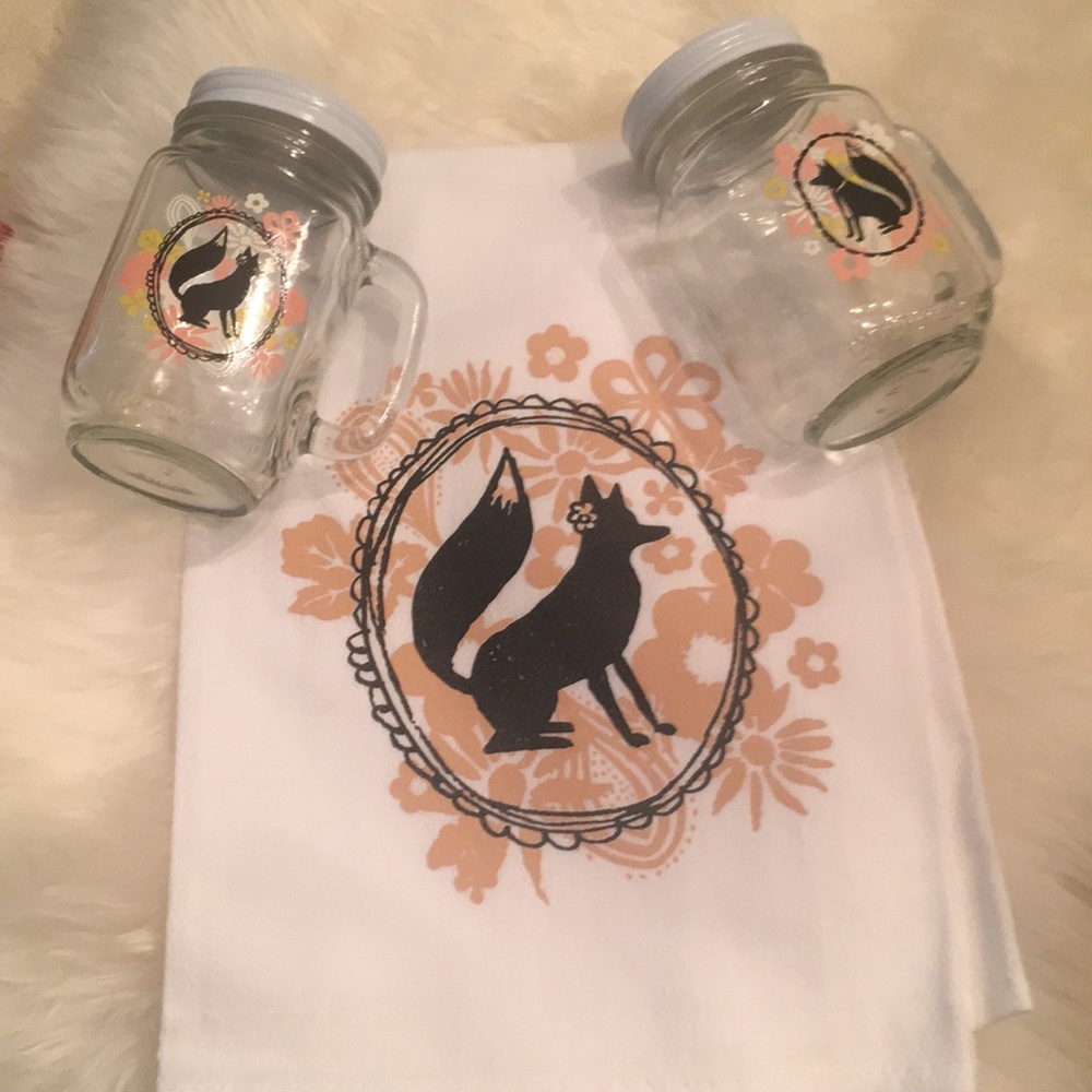 Fox tea towel and mason jar glasses set
